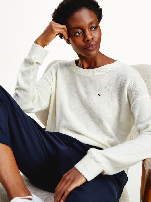 puhtast villast ümarkaelusega kampsun RJV622209 ekru Tommy Hilfiger